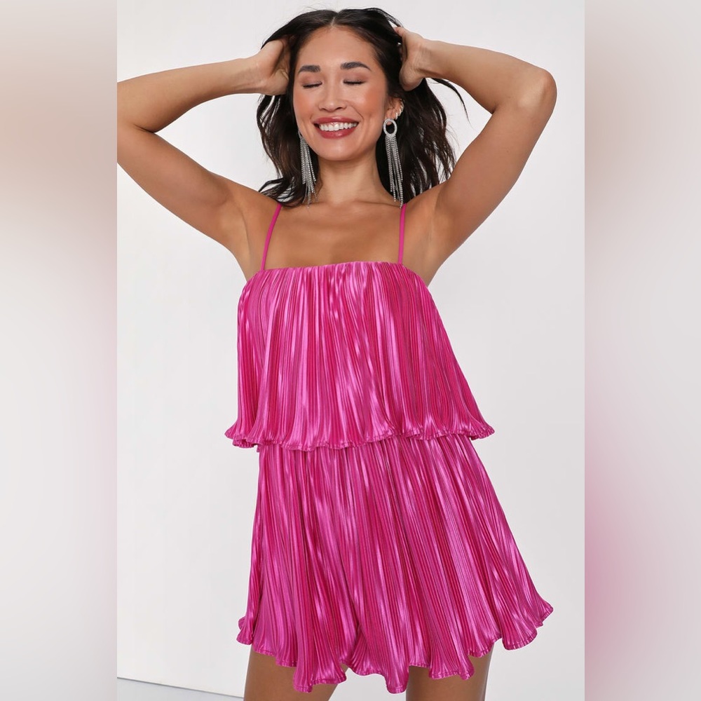 Lulu’s Fun Flirt Hot Pink Satin Plisse Sleeveless Romper